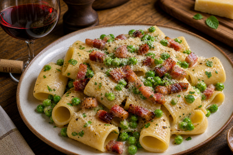 Paccheri Guanciale et petits Pois - Recette by Pauline&Olivier